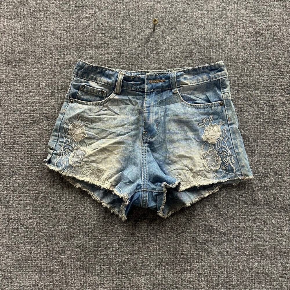 ASOS Lana Jeans Shorts Womens Size 27 Blue Floral Embroidered Raw Hem